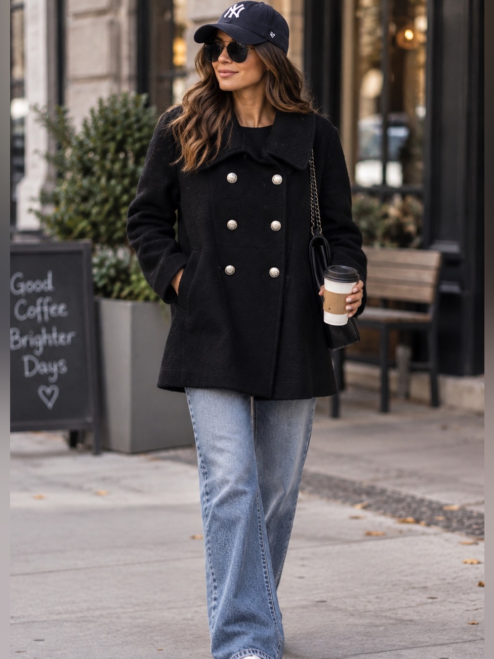 🖤MAKE OFFER🖤 Guess Y2K Black Double Breasted Wool Military Coat Jacket Peacoat M